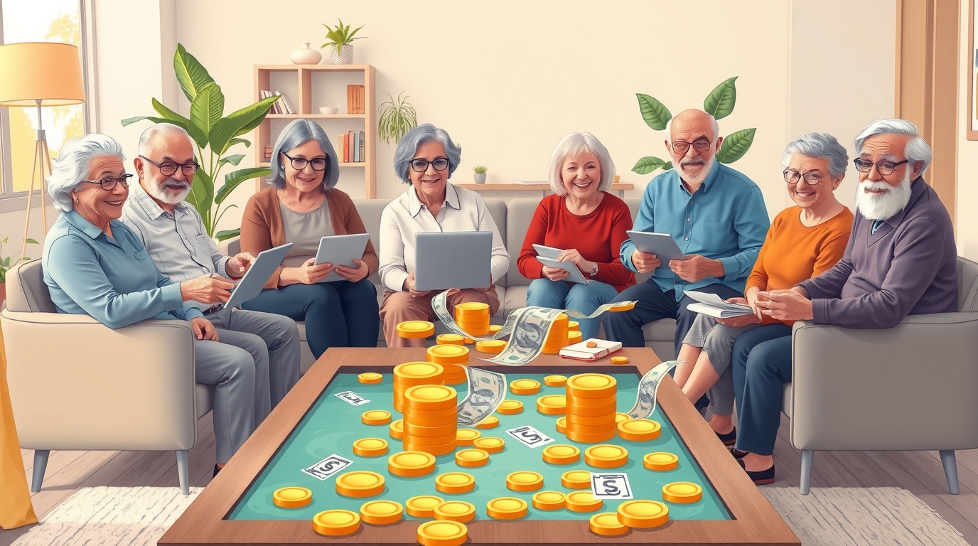 Happy retirees planning passive income strategies around a table with financial documents and devices, with golden money streams flowing together representing multiple income sources