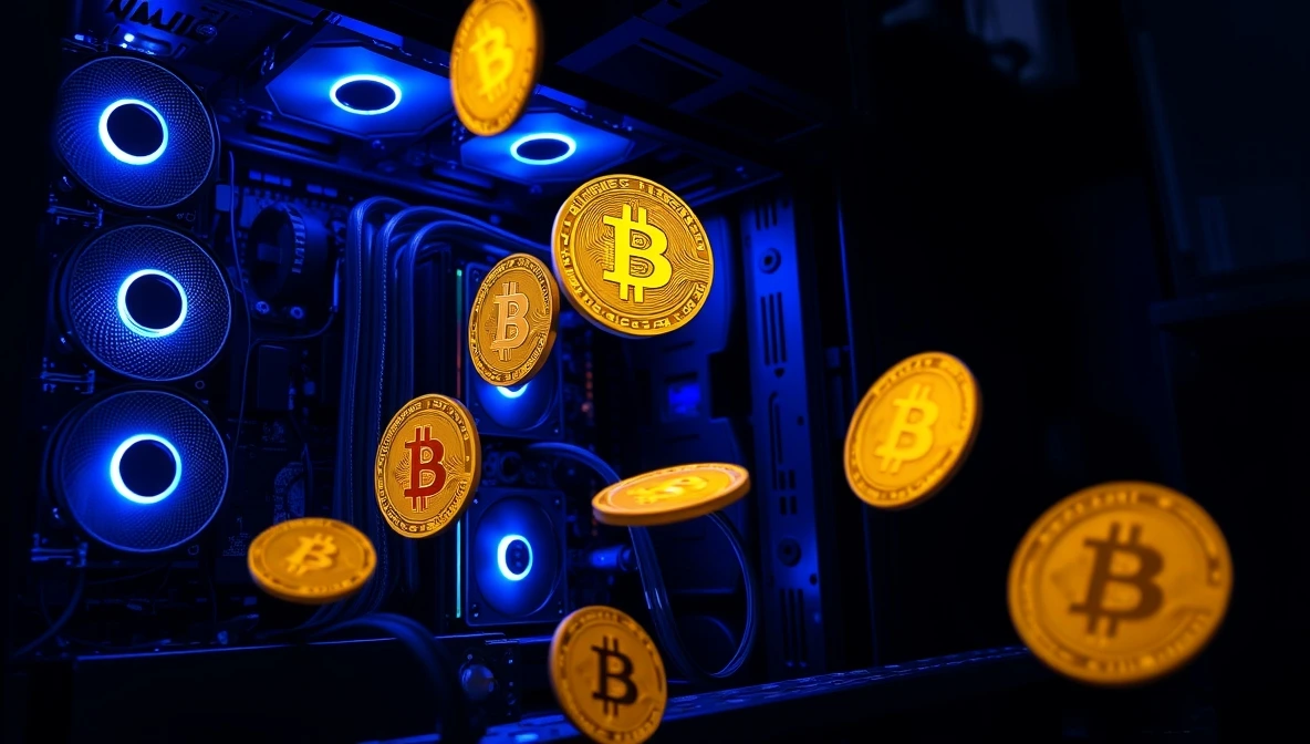 Solo Bitcoin miner setup with golden coins