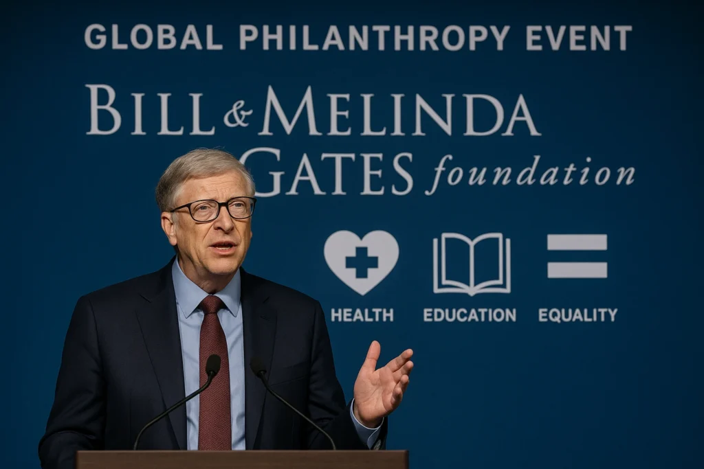 1. Bill Gates speaking at philanthropy event with Gates Foundation logo backdrop