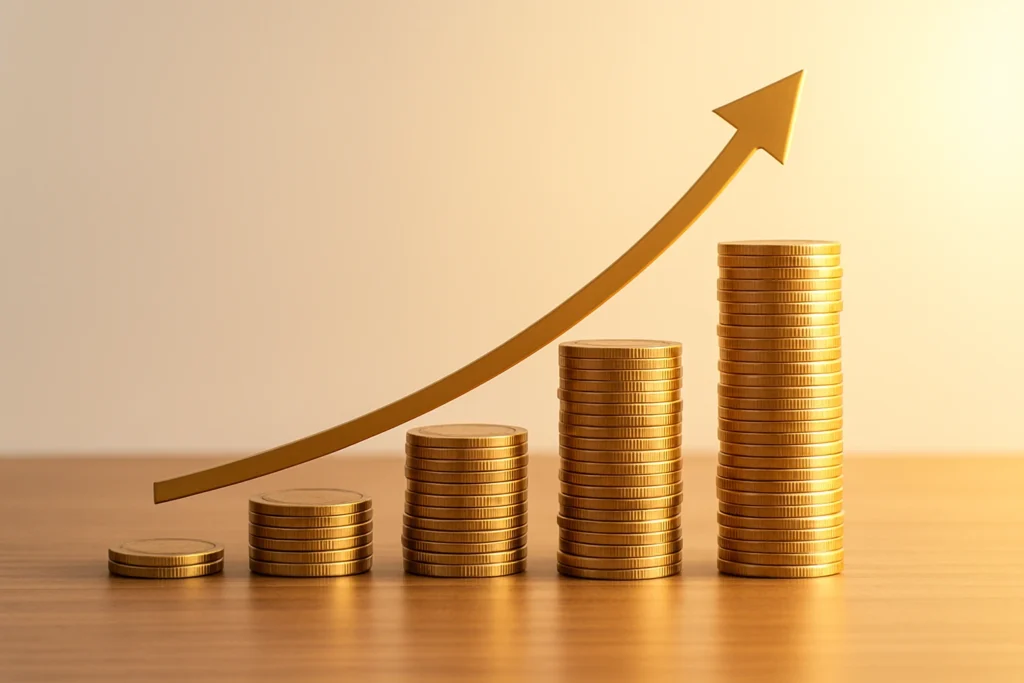 Compound interest growth visualization with stacked coins