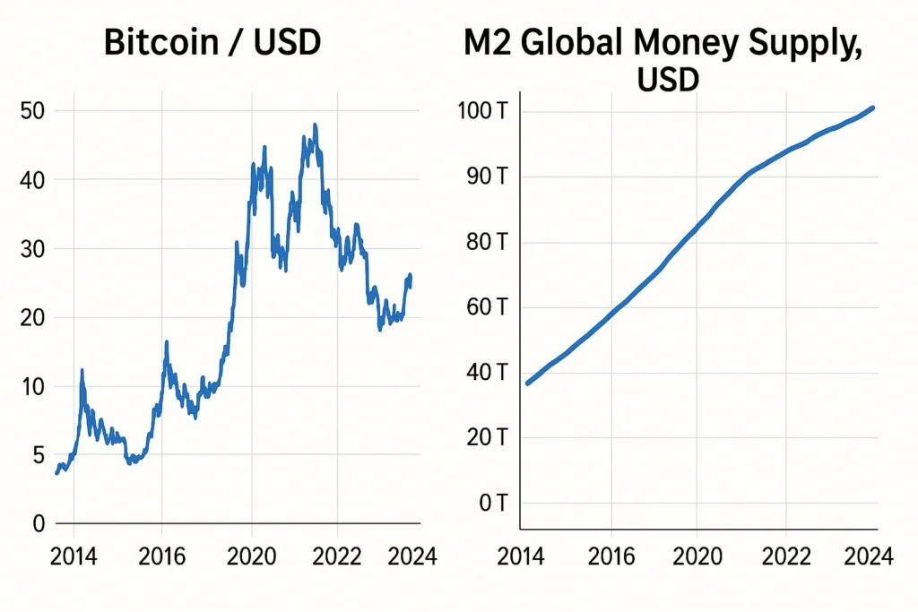 Bitcoin/USD (left) vs. M2 global money supply, USD (right)
