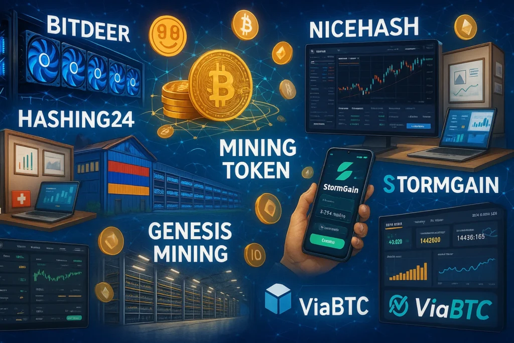Digital collage of top 10 cryptocurrency mining platforms, from Bitdeer’s mining rigs to ViaBTC’s mining pool dashboard.