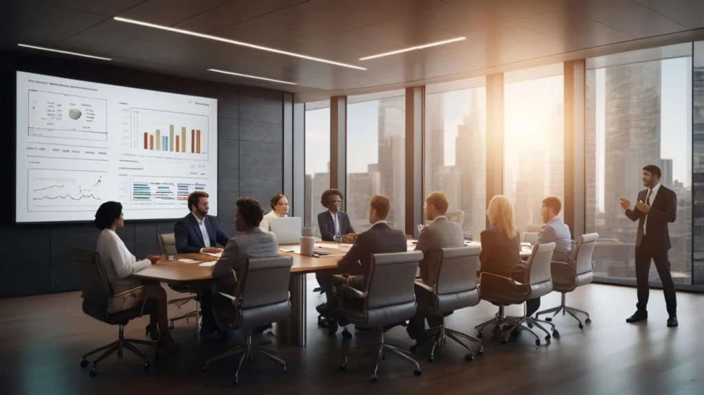 Corporate boardroom financial discussion meeting