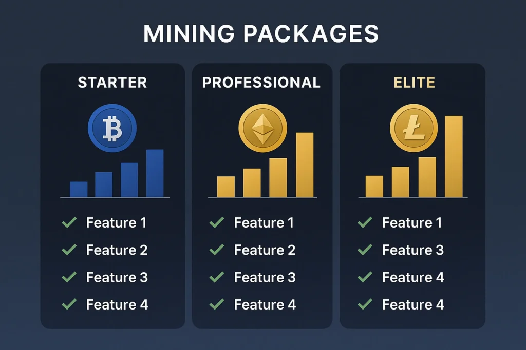 DEAL Mining package comparison showing Starter, Professional, and Elite cloud mining plans with daily earning potential