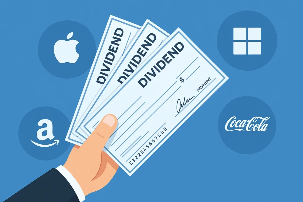 4. Businessman holding dividend payout checks with blue-chip company icons