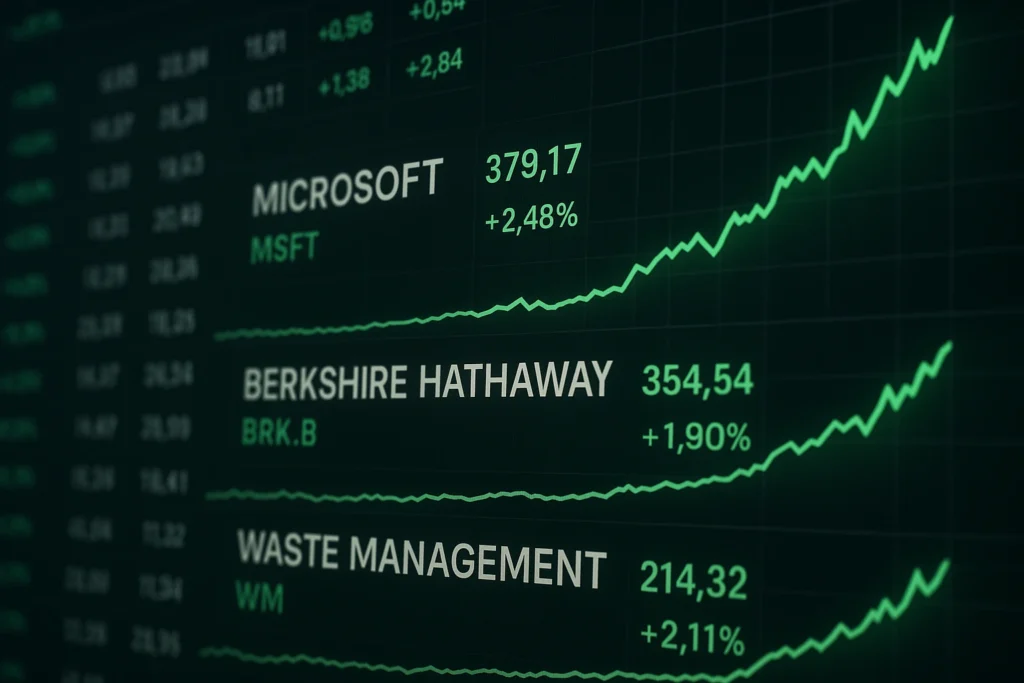 5. Stock market screen with rising graphs highlighting Microsoft, Berkshire Hathaway, and Waste Management