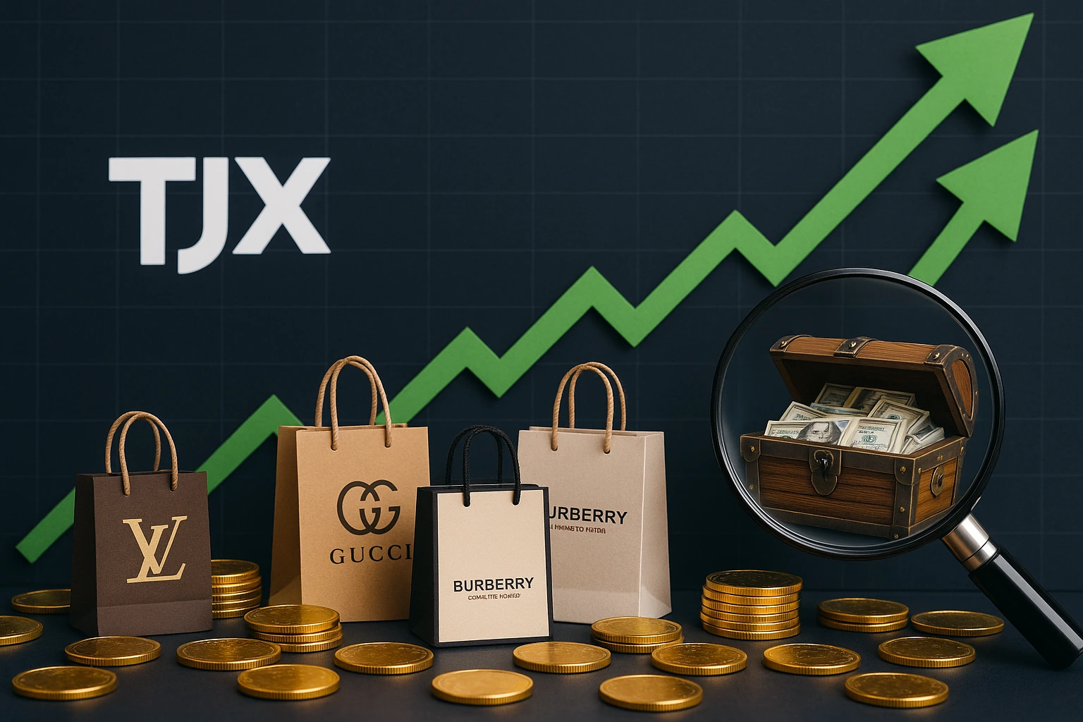 TJX stock earnings growth chart with treasure hunt shopping concept showing investment opportunities