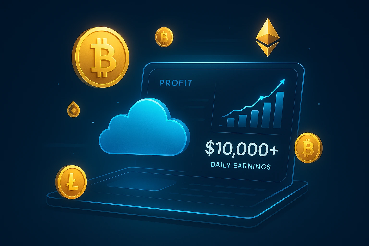 DEAL Mining cloud cryptocurrency platform dashboard showing $10K daily passive income earnings with AI-powered mining technology
